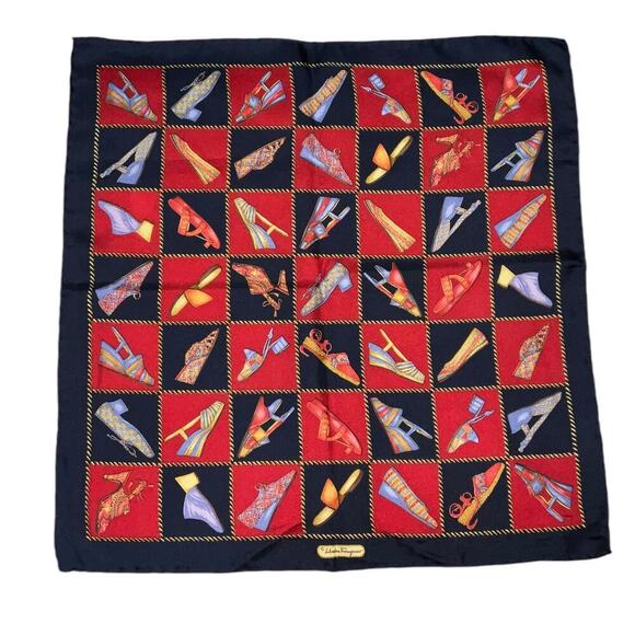 Salvatore Ferragamo Vintage 100% Silk Shoe Designs Scarf 16” Square Red Blue - Picture 12 of 12